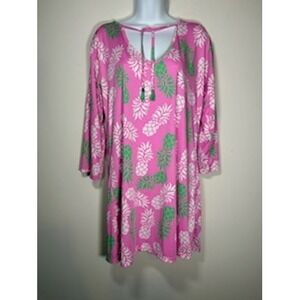 Viv & Lou Pink Pineapple Print Tassel‎ 3/4 Sleeve Cover-up Dress Size M Resort